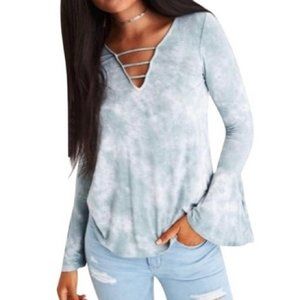 AEO "soft and sexy" grey blue tie-dye tee w flared bell long sleeves. Size XS